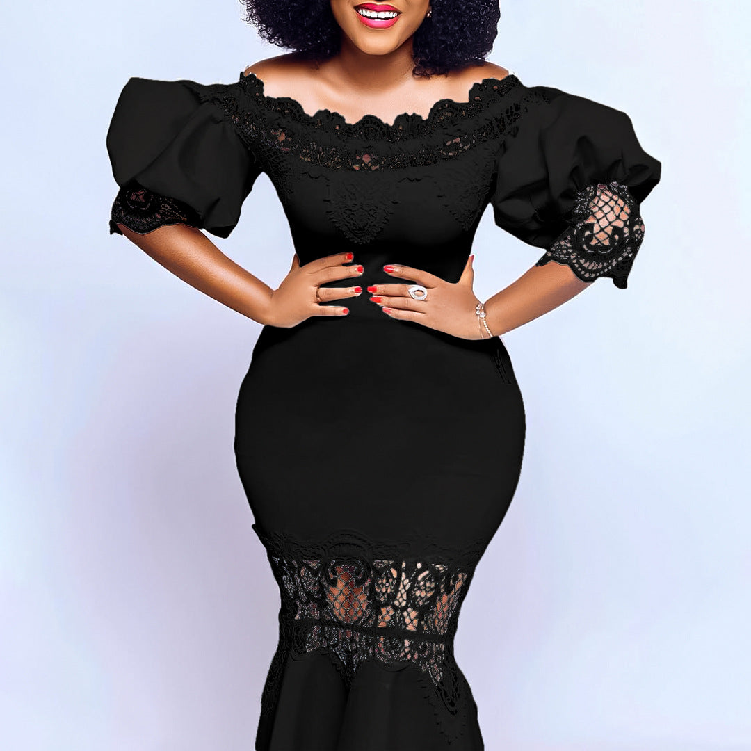 Women Dress Puff Sleeve Lace Stitching Dress